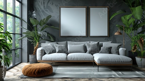 Modern Stylish Living Room with Abstract Frame Poster - 3D Render