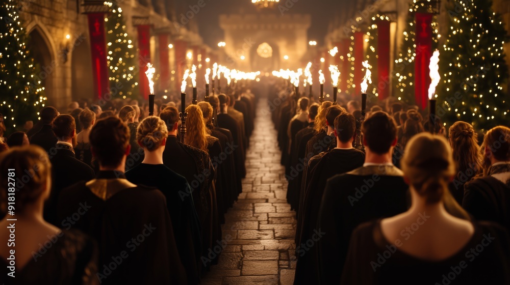 Medieval-themed New Year celebration, guests in period costumes, castle setting with torches and banners, historical and festive, medium shot Medieval-themed New Year celebration, guests in period costumes, castle setting with torches and banners, historical and festive, medium shot