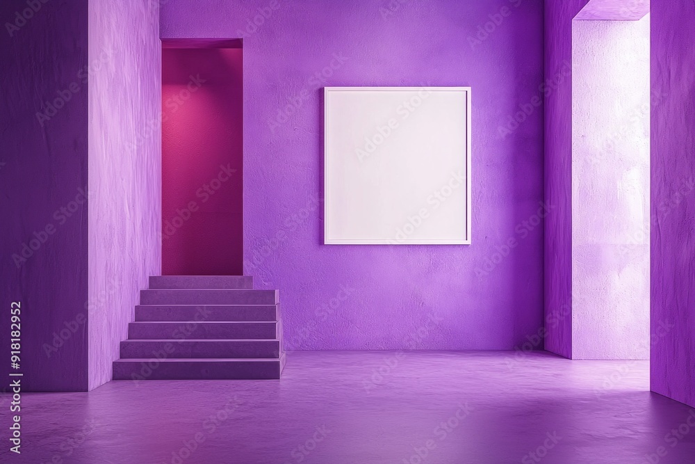 A purple color empty room with a white frame on the wall A purple color empty room with a white frame on the wall
