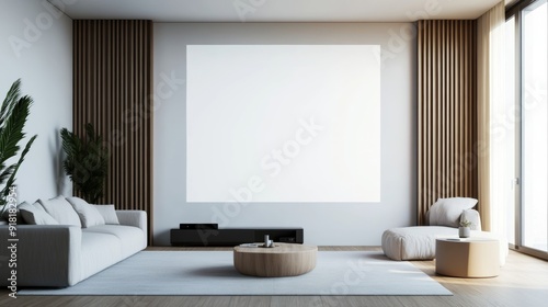 Minimalist living room with a hidden ceiling-mounted projector casting an image on a blank white wall  stylish furniture in the background 