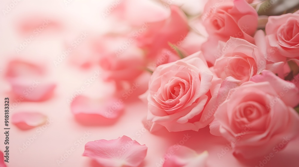 Obraz premium Delicate pink roses on soft pink background, floral arrangement, pastel colors, romantic composition, rose petals scattered, fresh blooms, gentle lighting, Valentine's Day theme.