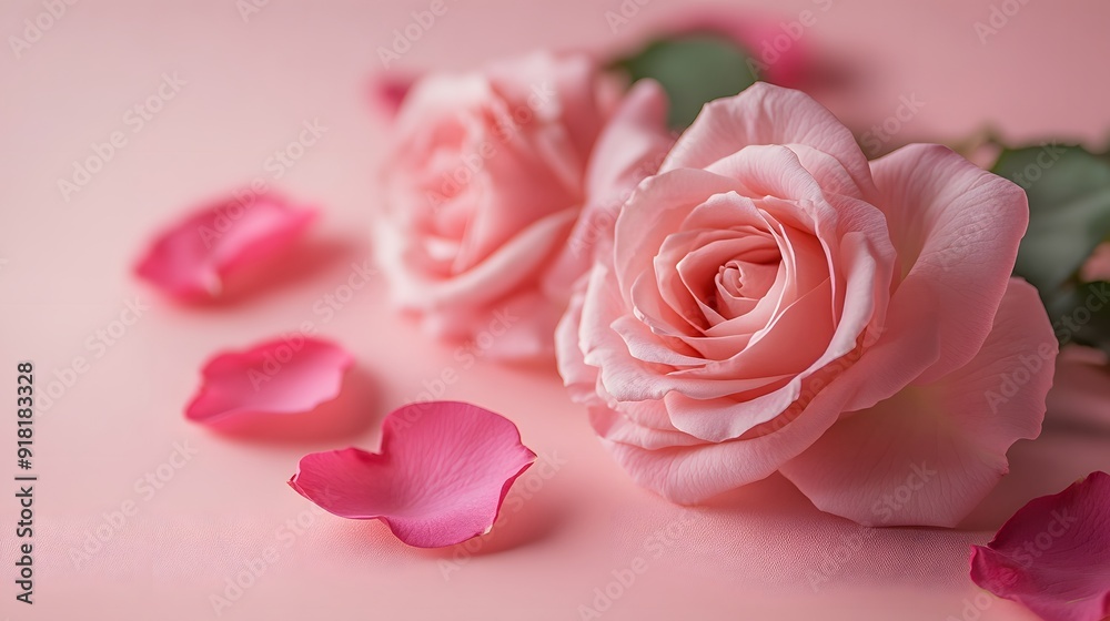 Delicate pink roses on soft pink background, floral arrangement, pastel colors, romantic composition, rose petals scattered, fresh blooms, gentle lighting, Valentine's Day theme. Delicate pink roses on soft pink background, floral arrangement, pastel colors, romantic composition, rose petals scattered, fresh blooms, gentle lighting, Valentine's Day theme.
