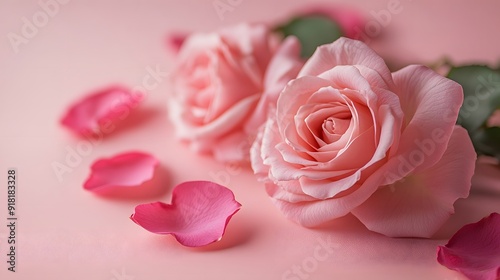 Delicate pink roses on soft pink background, floral arrangement, pastel colors, romantic composition, rose petals scattered, fresh blooms, gentle lighting, Valentine's Day theme.