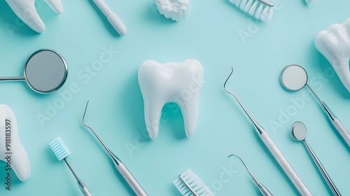 Dental tools and models, light blue background, pristine white teeth models, stainless steel dental instruments, dental mirror, explorer tool, toothbrush, flat lay composition, medical equipment.