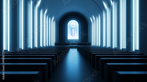 Modern church with holographic displays for sermons  congregation seated in sleek  minimalist pews  futuristic lighting  and serene atmosphere 