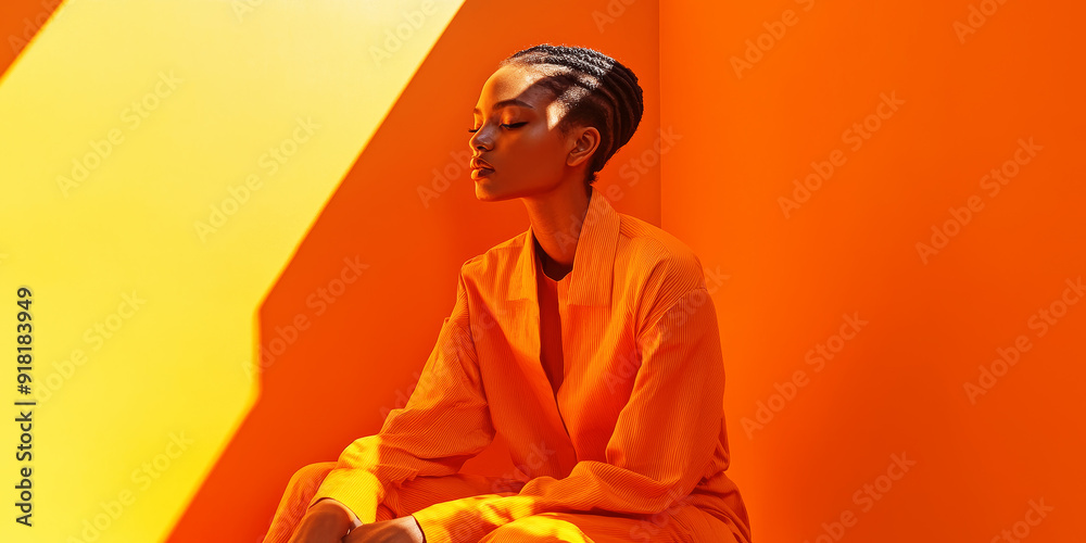 Stylish model in fashion look. Trending color of the season orange. Minimalist shadows scene. Stylish model in fashion look. Trending color of the season orange. Minimalist shadows scene.
