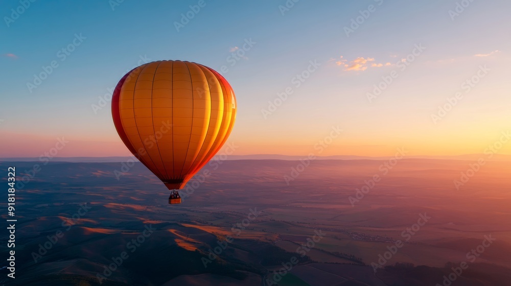 Obraz premium New Year party on a hot air balloon, guests in festive attire with champagne, panoramic view of landscapes below, bright sky, medium shot 