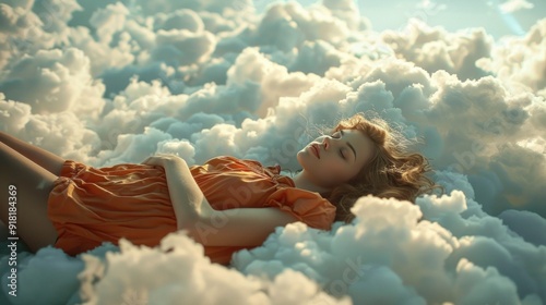 Resting on Cloud Nine: Woman Sleeping on a Dreamy Cloudscape