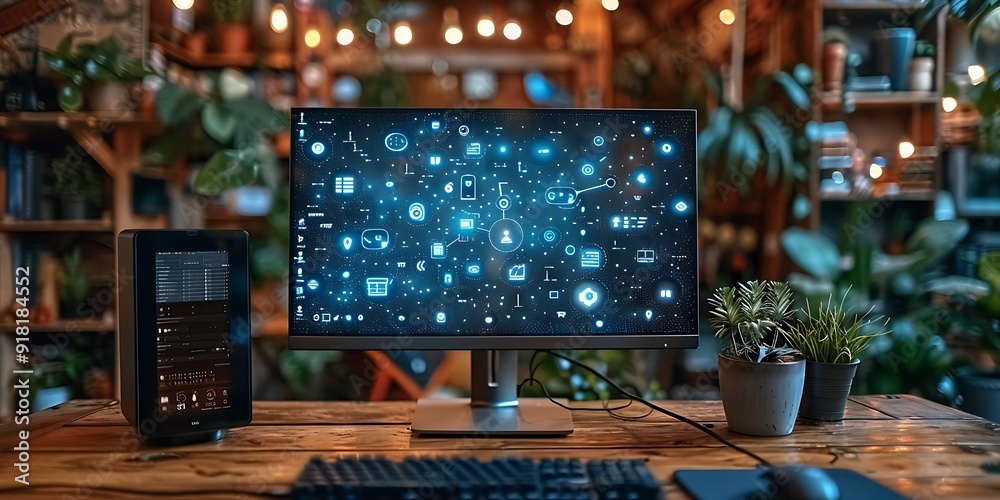 Technology Smart home with connected devices and digital icons Glowing house with symbolism