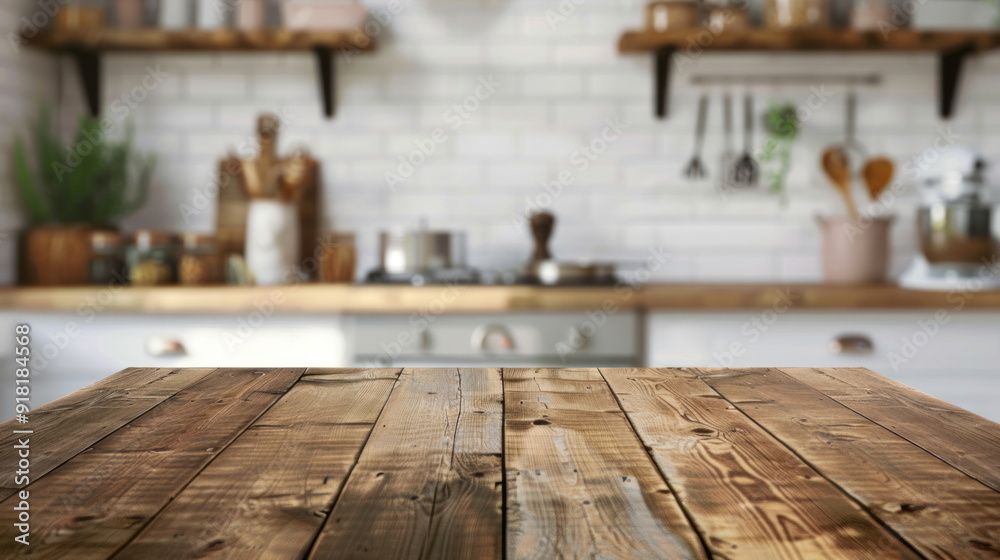 Wooden table on blurred kitchen Wooden table on blurred kitchen