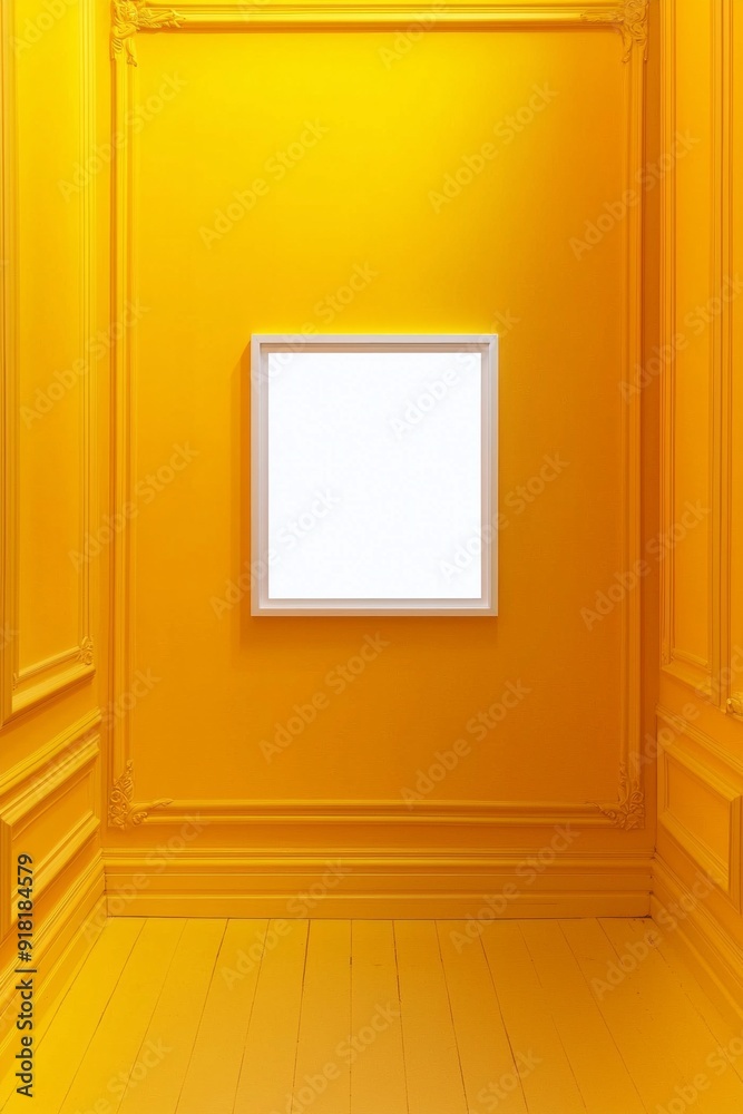 A yellow color empty room with a white frame on the wall A yellow color empty room with a white frame on the wall