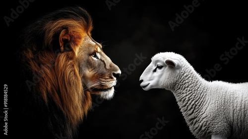 A majestic lion and a calm white lamb, their profiles facing each other against a black background, representing harmony.