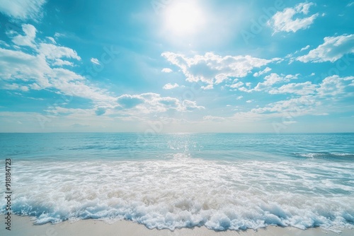 Panorama of clear sky background for summer vacation concept at ocean and summer sea water with sunlight of beautiful cloudy sky with generative ai