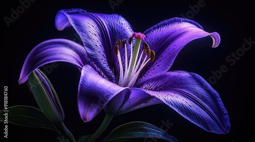 A mystical purple lily flower with a soft glow, isolated against a deep black background, evoking a sense of magic.