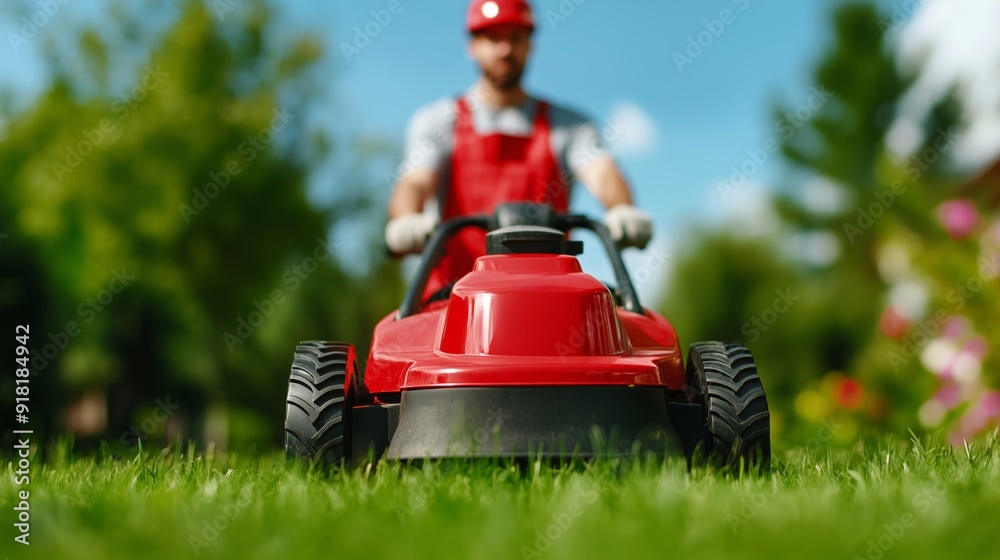 Photo of Repairman in a garden, repairing a lawnmower, sunny day, green grass and trees around Photo of Repairman in a garden, repairing a lawnmower, sunny day, green grass and trees around