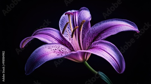 A mystical purple lily flower with a soft glow, isolated against a deep black background, evoking a sense of magic. #918184982