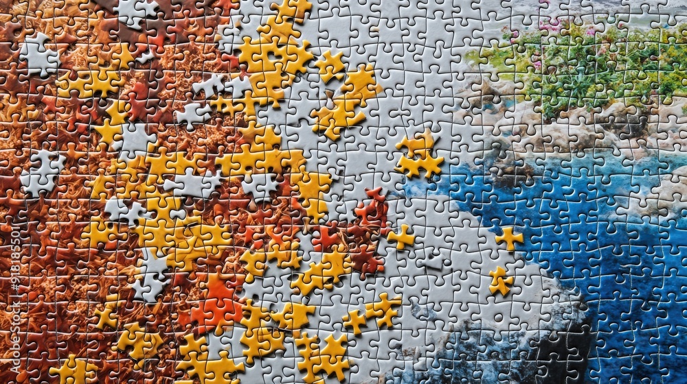 Close-up of a colorful puzzle featuring autumn leaves and a serene landscape, showcasing creativity and attention to detail. Close-up of a colorful puzzle featuring autumn leaves and a serene landscape, showcasing creativity and attention to detail.