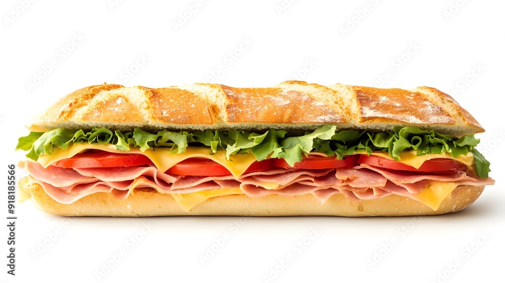 Gourmet sandwich, white tabletop, toasted bread, layers of ham, cheese, tomato, lettuce, fresh herbs garnish, cross-section view, melted cheese, vibrant colors, food styling. Gourmet sandwich, white tabletop, toasted bread, layers of ham, cheese, tomato, lettuce, fresh herbs garnish, cross-section view, melted cheese, vibrant colors, food styling.