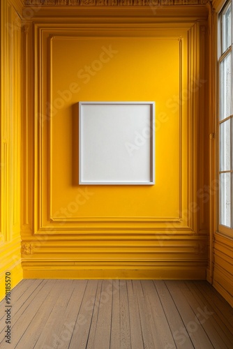 A yellow color empty room with a white frame on the wall 