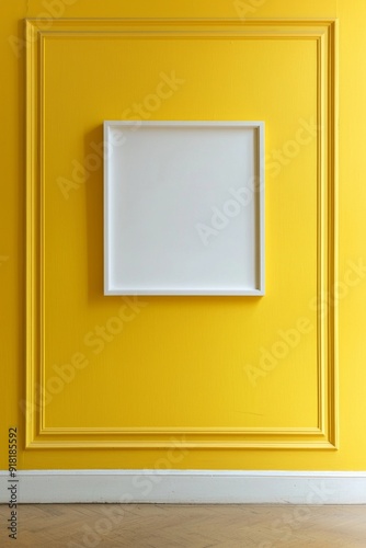 A yellow color empty room with a white frame on the wall 