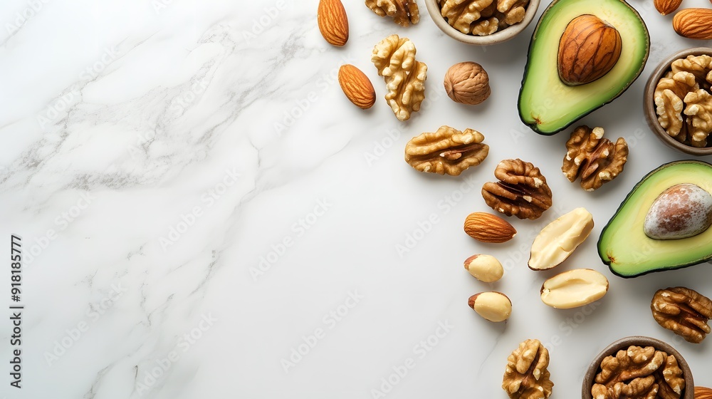 Healthy fats composition on white marble background, sliced avocado, assorted nuts, walnuts, almonds, pecans, food photography, nutritious ingredients, keto diet, vegan protein sources. Healthy fats composition on white marble background, sliced avocado, assorted nuts, walnuts, almonds, pecans, food photography, nutritious ingredients, keto diet, vegan protein sources.