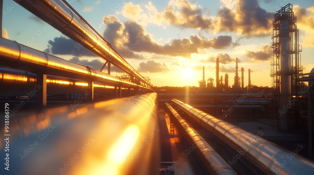 Industrial pipeline, oil refinery, metallic pipes, golden hour sunlight, reflective metal surfaces, blue sky with white clouds, long shadows, telephoto lens, high detail, cinematic lighting. Industrial pipeline, oil refinery, metallic pipes, golden hour sunlight, reflective metal surfaces, blue sky with white clouds, long shadows, telephoto lens, high detail, cinematic lighting.