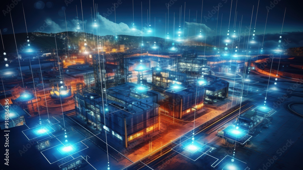 Modern factory, communication network. Telecommunication. IoT, Internet of Things, ICT, Information communication Technology,. Smart factory. Digital transformation, cloud connecting, generate by AI Modern factory, communication network. Telecommunication. IoT, Internet of Things, ICT, Information communication Technology,. Smart factory. Digital transformation, cloud connecting, generate by AI