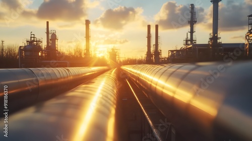 Industrial pipeline, oil refinery, metallic pipes, golden hour sunlight, reflective metal surfaces, blue sky with white clouds, long shadows, telephoto lens, high detail, cinematic lighting.