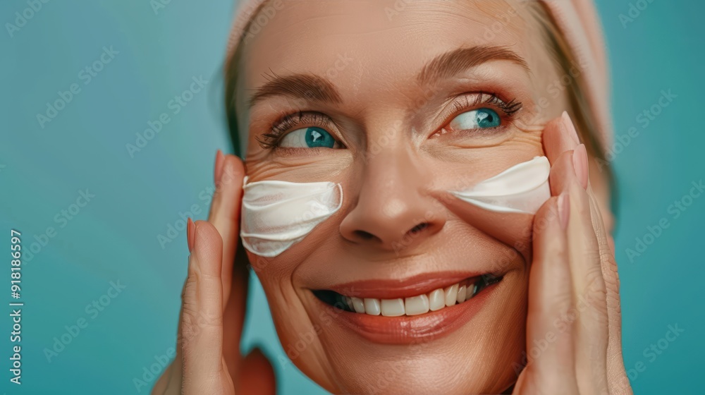 senior beautiful woman smile use cream for good skin. face of a healthy woman apply cream and makeup. Advertisement for skin cream, anti-wrinkle, baby face, whitening, moisturizer, tighten pores senior beautiful woman smile use cream for good skin. face of a healthy woman apply cream and makeup. Advertisement for skin cream, anti-wrinkle, baby face, whitening, moisturizer, tighten pores