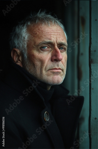 a sad, slightly gray-haired man, aged 45-50, head bowed in prison - a distant shot photo