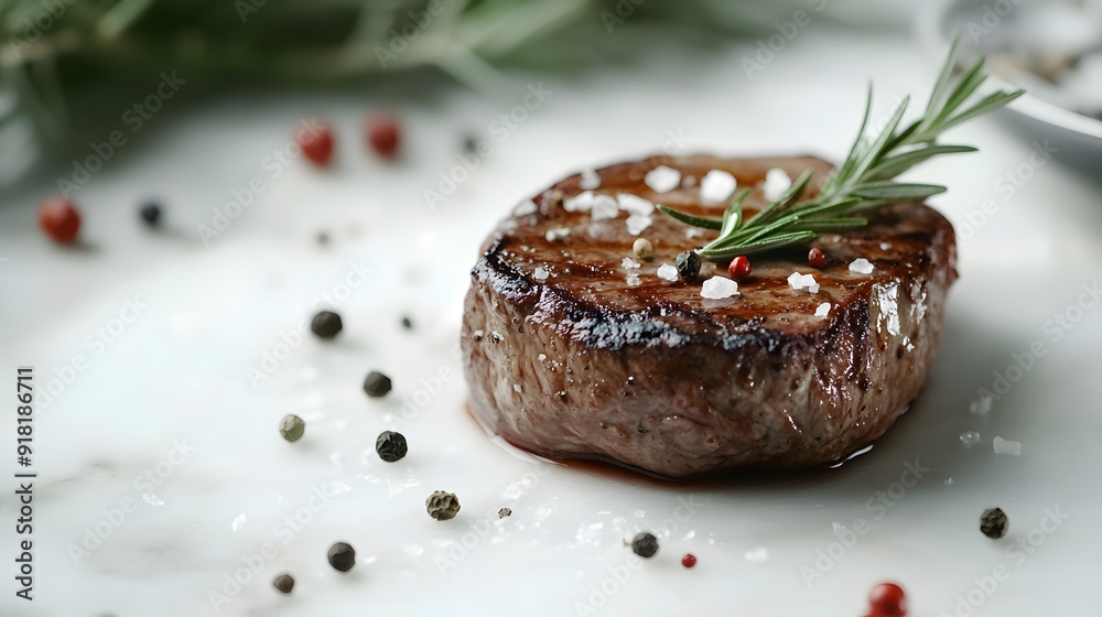 Juicy grilled beef steak, white marble tabletop, rosemary sprig, salt flakes, peppercorns, extreme close-up, shallow depth of field, soft bokeh background, food photography. Juicy grilled beef steak, white marble tabletop, rosemary sprig, salt flakes, peppercorns, extreme close-up, shallow depth of field, soft bokeh background, food photography.
