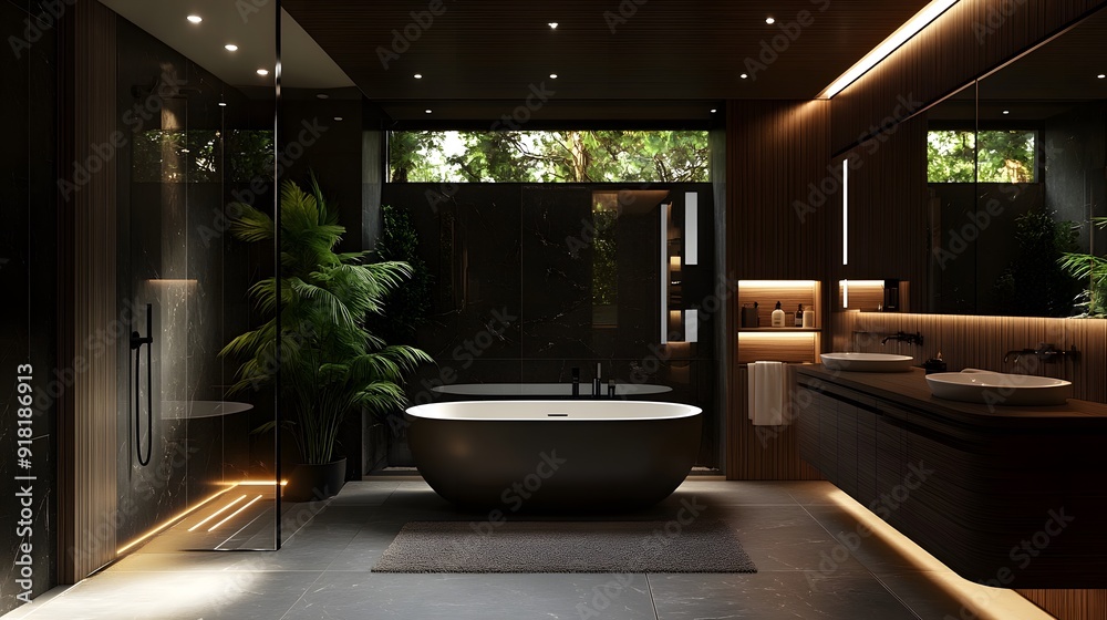Fototapeta premium Luxurious dark bathroom, moody lighting, deep wood tones, sleek modern design, freestanding bathtub, floating vanity, backlit mirror, glass shower enclosure, ambient LED lighting.