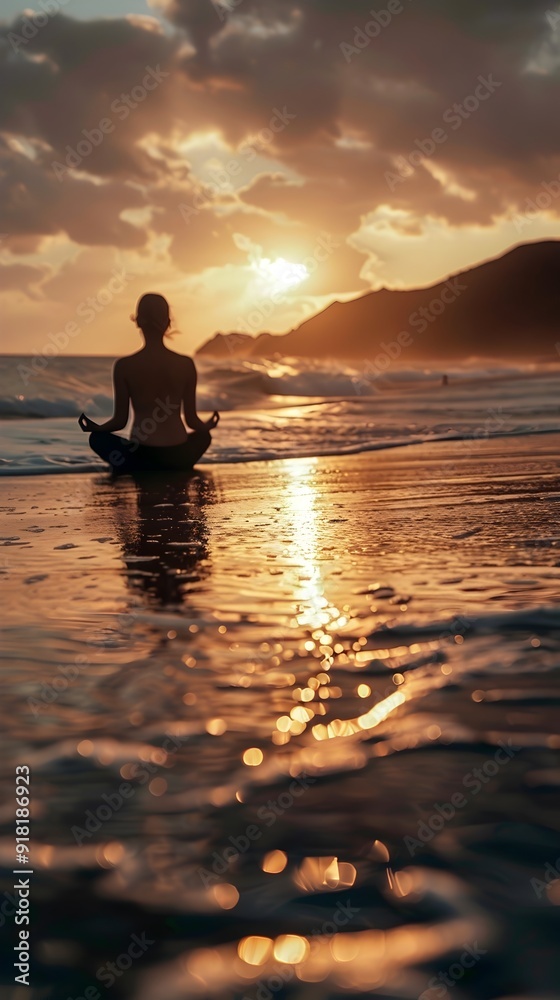 Silhouetted Figure Meditating on Serene Beach at Sunrise Silhouetted Figure Meditating on Serene Beach at Sunrise
