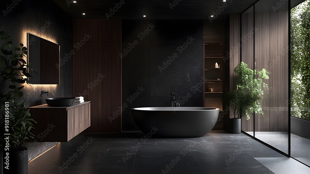 Luxurious dark bathroom, moody lighting, deep wood tones, sleek modern design, freestanding bathtub, floating vanity, backlit mirror, glass shower enclosure, ambient LED lighting.