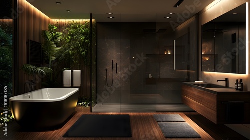 Luxurious dark bathroom  moody lighting  deep wood tones  sleek modern design  freestanding bathtub  floating vanity  backlit mirror  glass shower enclosure  ambient LED lighting.