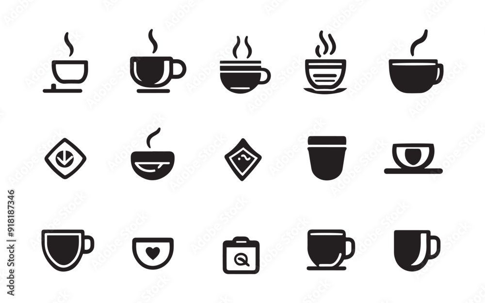 set of coffee cups , hand drawn coffee cups and tea icon collection , silhouette hot drink cup , minimal style hot drink icon isolated vector on white background set of coffee cups , hand drawn coffee cups and tea icon collection , silhouette hot drink cup , minimal style hot drink icon isolated vector on white background