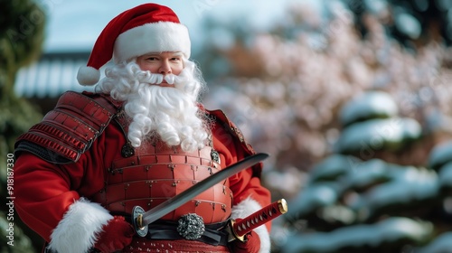 Santa Claus dressed in traditional samurai armor, holding a katana, in a Japanese garden with cherry blossoms and snow  photo