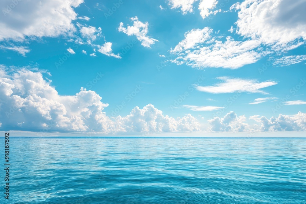 Fototapeta premium Panorama of clear sky background for summer vacation concept at ocean and summer sea water with sunlight of beautiful cloudy sky with generative ai