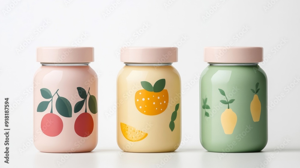 Simple and elegant baby food package design, with pastel colors, delicate illustrations of fruits, and refined fonts, modern and chic, isolated on a white background Simple and elegant baby food package design, with pastel colors, delicate illustrations of fruits, and refined fonts, modern and chic, isolated on a white background