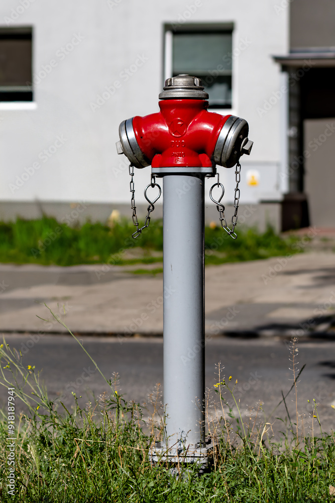 A red and silver fire hydrant located on a gray pole in front of a white building. The fire hydrant has a yellow nozzle and a black cap. There is a green inspection tag attached to the pole. A red and silver fire hydrant located on a gray pole in front of a white building. The fire hydrant has a yellow nozzle and a black cap. There is a green inspection tag attached to the pole.