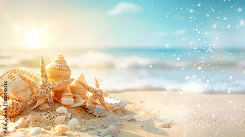 Beautiful seashells on the seashore. selective focus. Generative AI, Beautiful seashells on the seashore. selective focus. Generative AI,