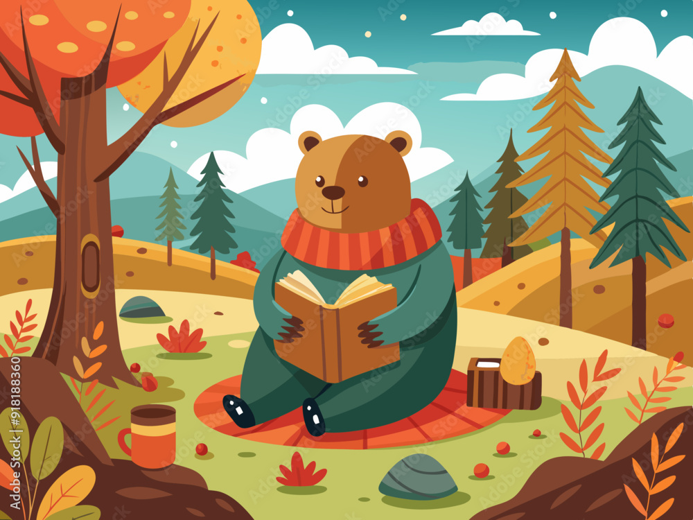 A bear reading a book in Autumn A bear reading a book in Autumn
