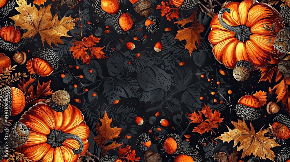 Fototapeta premium Seamless pattern of festive pumpkins and autumn acorns, great for Halloween digital backgrounds