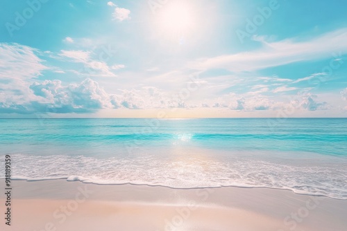 Panorama of clear sky background for summer vacation concept at ocean and summer sea water with sunlight of beautiful cloudy sky with generative ai