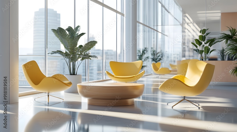 Fototapeta premium Modern office lobby, floor-to-ceiling windows, light-filled interior, pale yellow egg chairs, contemporary furniture, circular wooden coffee tables, potted plants, reflective floor, glass facade.