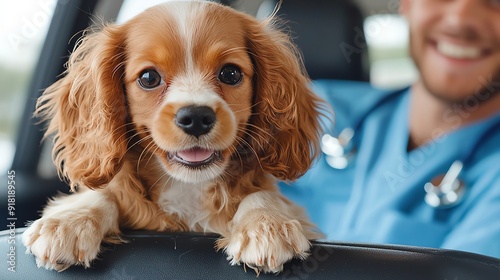 Veterinarian offering expert advice to a cute small dog s owner in a clean vet clinic, focus on health and wellness photo