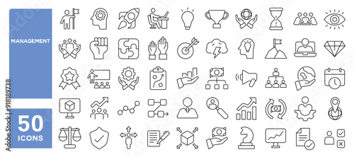 Set of 50 line icons related to management, organization, business, strategy, training, planning, manager, employee, Editable stroke. Vector illustration