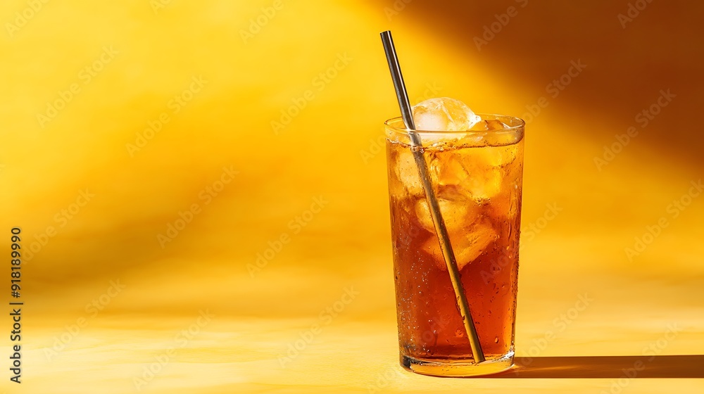 Refreshing iced tea, tall glass, metal straw, ice cubes, light yellow background, soft shadows, product photography, beverage close-up, condensation droplets, golden hour lighting. Refreshing iced tea, tall glass, metal straw, ice cubes, light yellow background, soft shadows, product photography, beverage close-up, condensation droplets, golden hour lighting.
