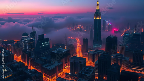 nächtliche Skyline einer modernen Großstadt mit Büro Hochhäusern Werbung leuchtenden Straßen belebtes Nachtleben intensiv scheinend wie Ansicht von oben, Drohnenaufnahme, Lichter der Stadt, pulsierend photo