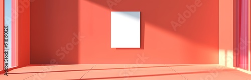 Free Download Minimalist interior design with a white poster hanging on a bright orange wall. Sunbeams cast shadows on the floor. - GFXLoad